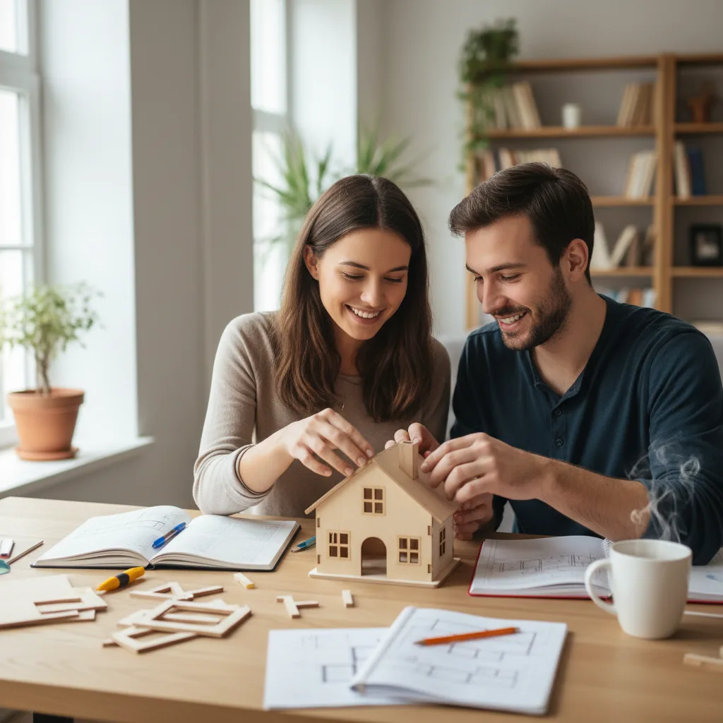 Un couple assemblant une maquette de maison en bois sur une table dans un salon lumineux.